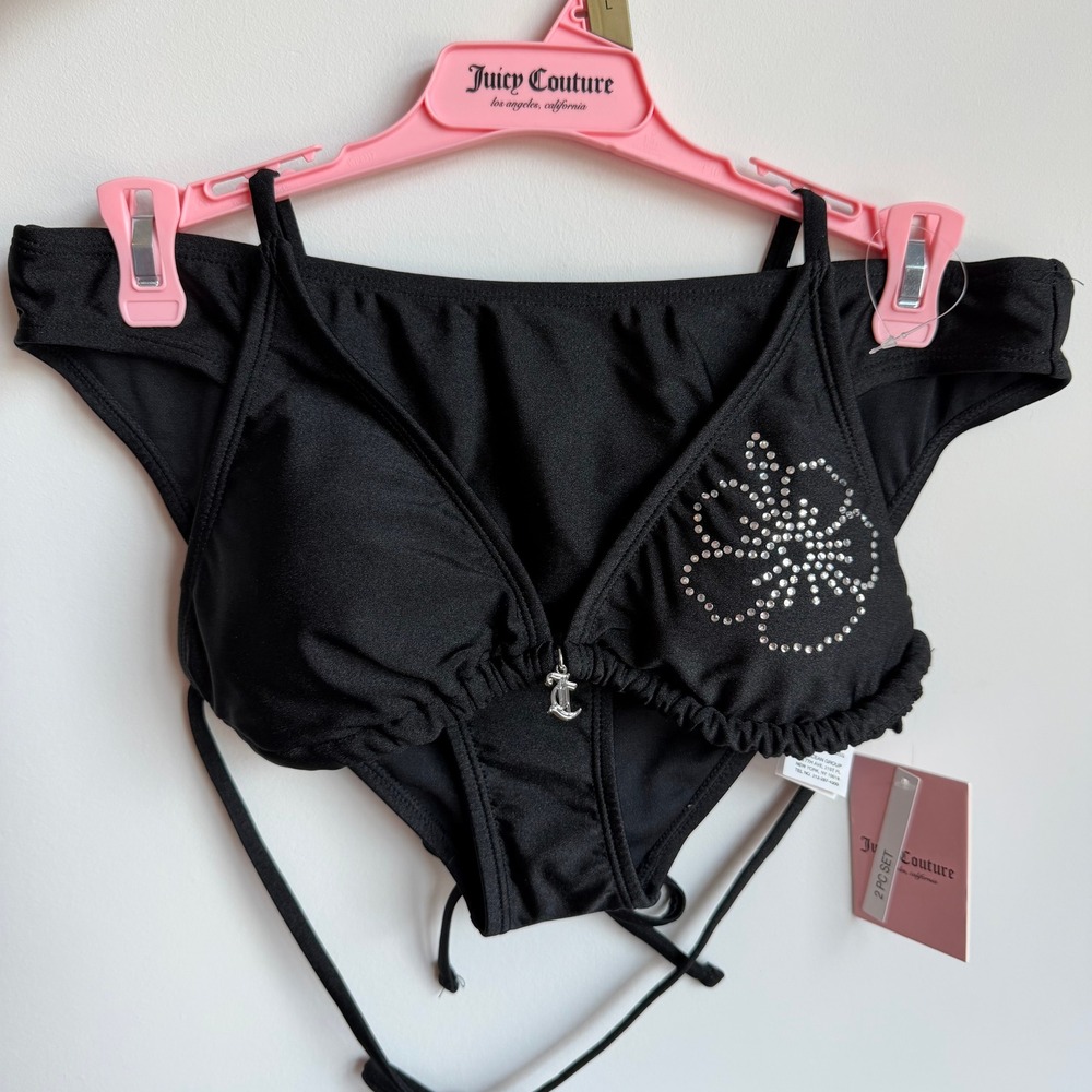 New Juicy Couture L Black Flower Charm Bikini Bathing Suit Swimwear Clothing